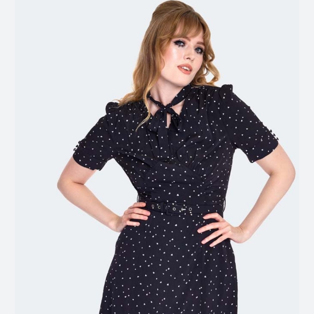 Frances heart polka dot tea dress with belt size L black and white